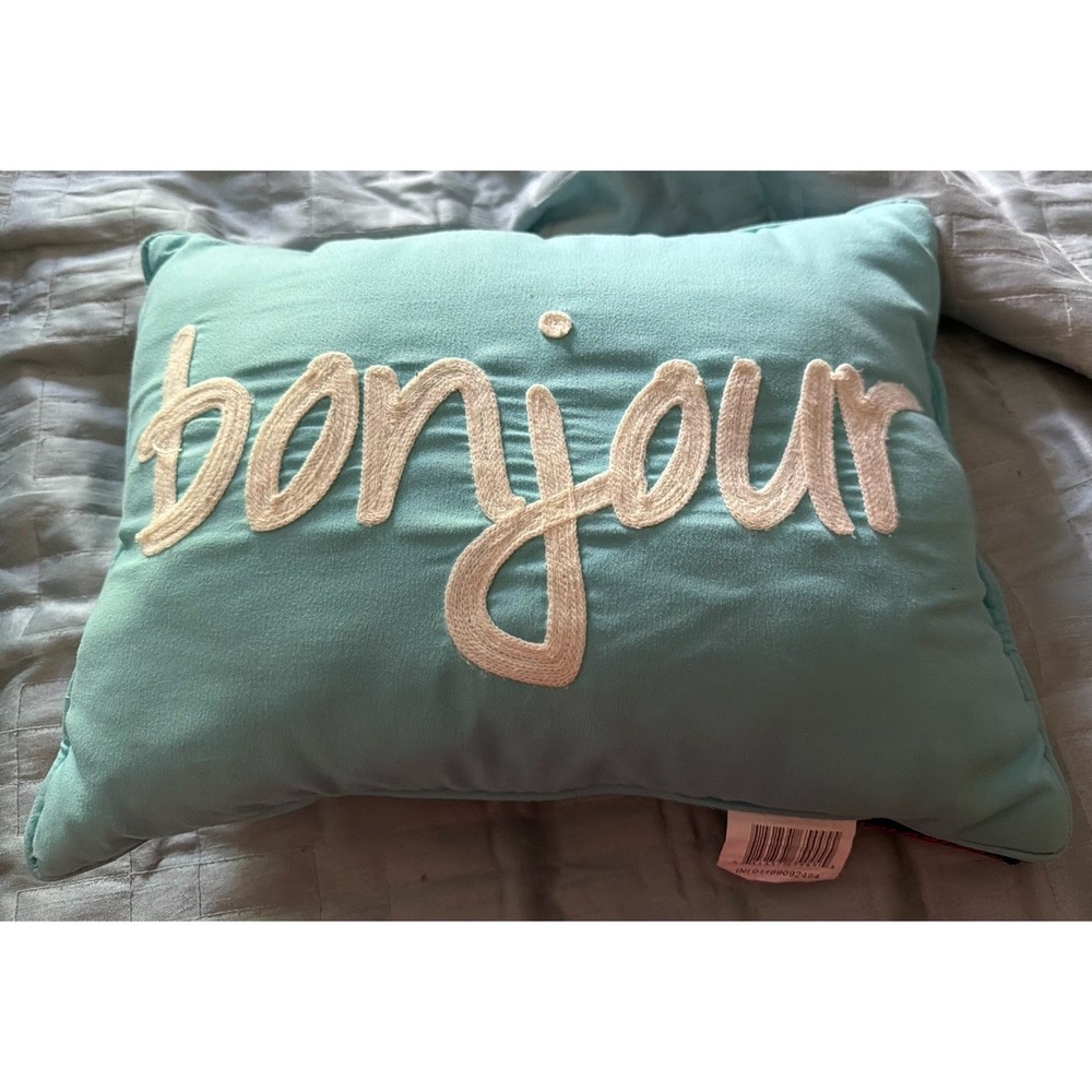 Seventeen Bonjour Throw Pillow 12x16 Pastel Blue White French Script Decor
